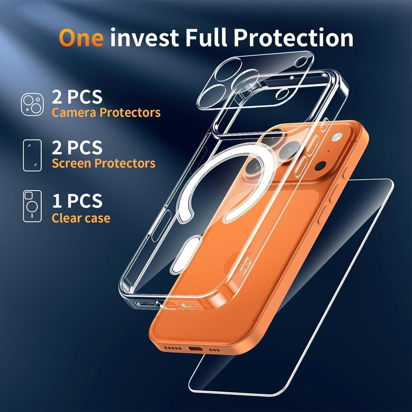 YNMEacc 5 in 1 Magnetic for iPhone 17 Pro Case with 2X Screen Protector + 2X Lens Protector, [Compatible with MagSafe] Slim Soft TPU Silicone Shockproof Anti-Scratch Phone Cover - Clear