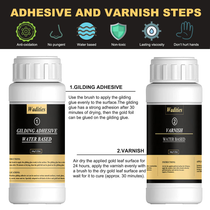 Wadities Gold Leaf Gilding Adhesive Set, 100ml Water Based Metal Leaf Glue and 100ml Varnish, Gold Leaf Sheets 100 pcs, 2 Brushes, for Craft, Painting and Arts