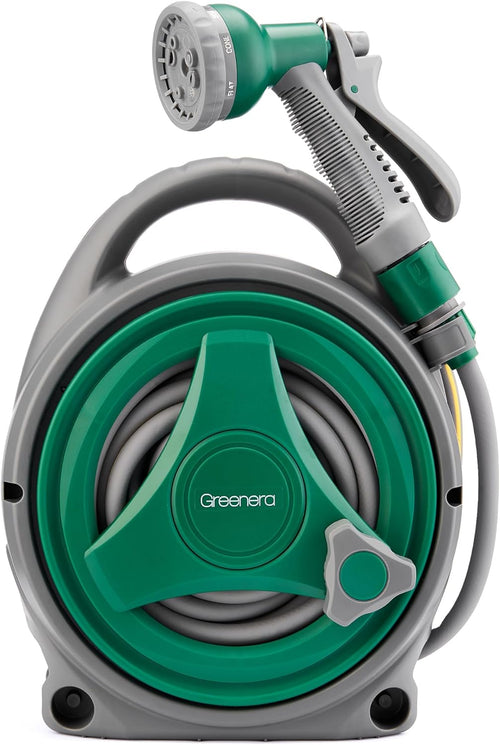 Garden Hose Reel 14M, 12m Water Pipe +2m Leader Hose, Hose Pipe Reel with 8 Adjustable Spray Gun Nozzles, Manual Retractable Garden Water Hose Reel,Outdoor Hose Reel Set for Garden Patios,Balconies