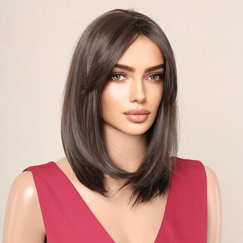 Testar Short Brown Bob Wigs with Curtain Bangs for White Women - Synthetic Wig for Daily Party Use