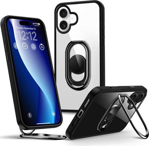 SHIELDS UP for iPhone 16 Case with Stand, Phone Case Clear with Double Ring HolderAdjustable & Fodable Shockproof Protective Cover for iPhone 16 6.1'' - Clear Black