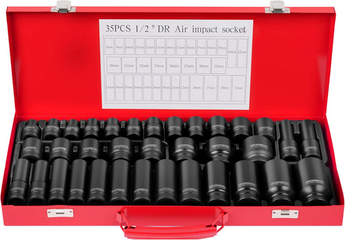 35pcs 1/2" Drive 6 Point 8-32mm Metric Deep Impact Socket Set Car Garage Tools