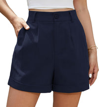 Women's Linen Shorts High Waist Roll Up Pleated Zippered Wide Leg Shorts with Pockets Ã¢ÂÂ Navy Blue XXL