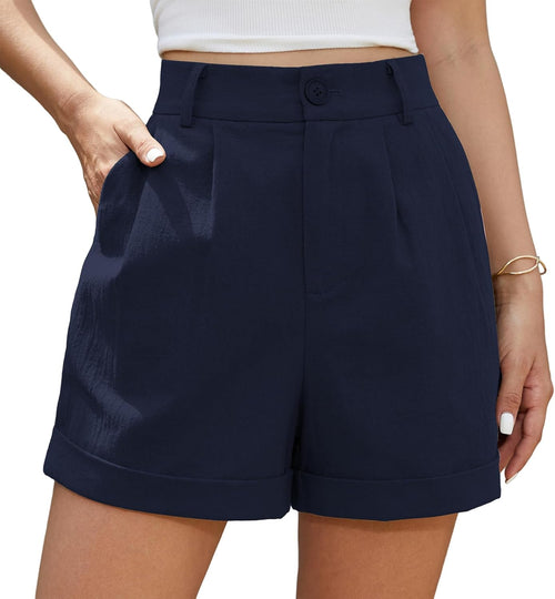 Women's Linen Shorts High Waist Roll Up Pleated Zippered Wide Leg Shorts with Pockets Ã¢ÂÂ Navy Blue XXL