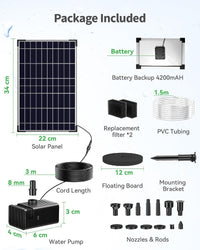 Solar Fountain Pump 12W 4200mAh Battery 600L/h Adjustable Flow â 1.5m Tubing