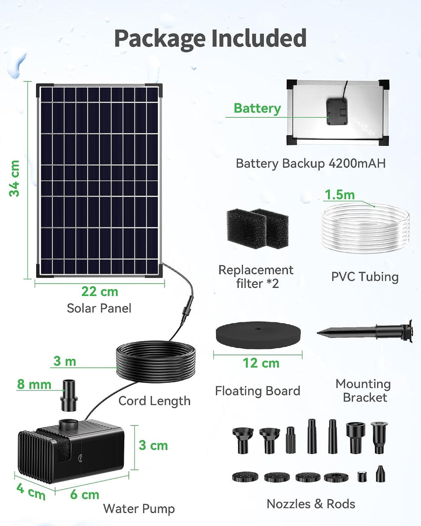 Solar Fountain Pump 12W 4200mAh Battery 600L/h Adjustable Flow â 1.5m Tubing