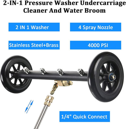16" 2-in-1 Pressure Washer Undercarriage Cleaner Water Broom, Surface Cleaner Power Washer Attachment with 3 Extension Rods 4 Nozzles and QC Pivot Coupler, 4000 PSI 40cm