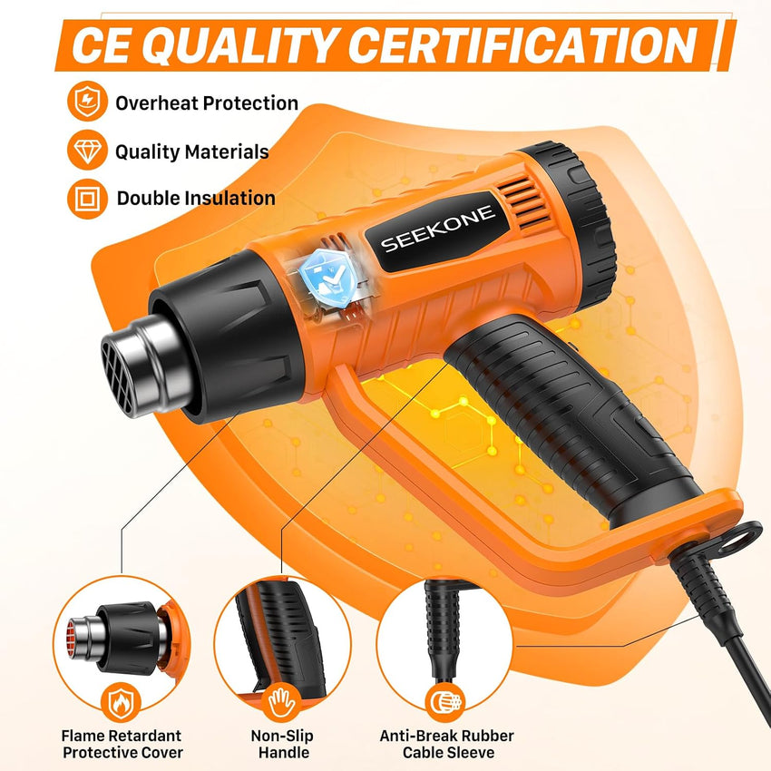 Heat Gun, SEEKONE 2000W Professional Heavy Duty Hot Air Gun Kit 400â & 600â Dual-Temperature Settings with Flame Retardant Protective Cover, 4 Nozzles for Crafts, Shrinking PVC, Stripping Paint