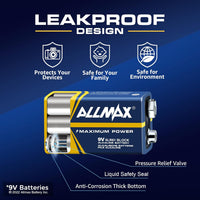 Allmax 9V (6LR61) Maximum Power Alkaline Batteries (8 Count) - Ultra Long-Lasting, Leakproof Design, 7-Year Shelf Life, Maximum Performance, Perfect for Smoke Detectors (9 Volt)