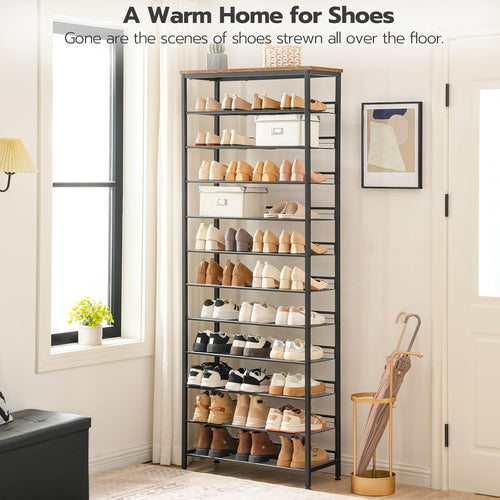 HOOBRO Shoe Rack Tall, Large Capacity Shoe Storage Organizer, 12-Tier Shoe Rack for 44-55 Pairs of Shoes, 75 x 28.5 x 194.5cm, Adjustable Metal Shelves, Shoe Storage Unit, Rustic Brown EBF51XJ01