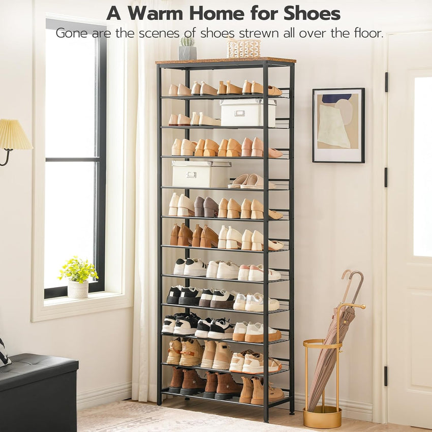 HOOBRO Shoe Rack Tall, Large Capacity Shoe Storage Organizer, 12-Tier Shoe Rack for 44-55 Pairs of Shoes, 75 x 28.5 x 194.5cm, Adjustable Metal Shelves, Shoe Storage Unit, Rustic Brown EBF51XJ01