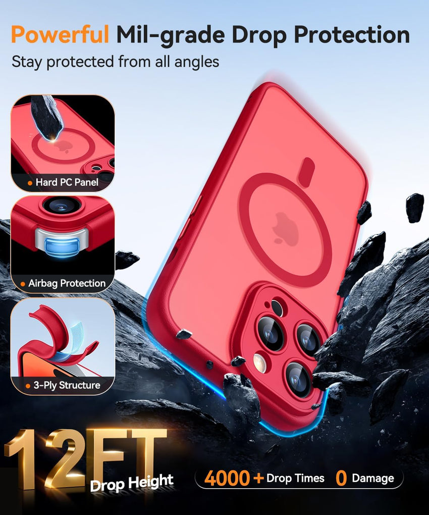 CANSHN Magnetic Compatible with iPhone 14 Pro Case(6.1 Inch), Upgraded [Full Camera Protection] [Compatible with Magsafe] [Translucent Matte] Shockproof Protective Phone Case Cover - Red