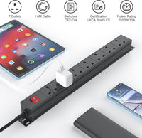 2 Pack - 7 Way Power Strip Surge Protector with Switch, Rack Mount 19inch Power Socket, Wall Mount Power Strip for Home, Office and Industrial Use, 1.8M Extension Cord, Black