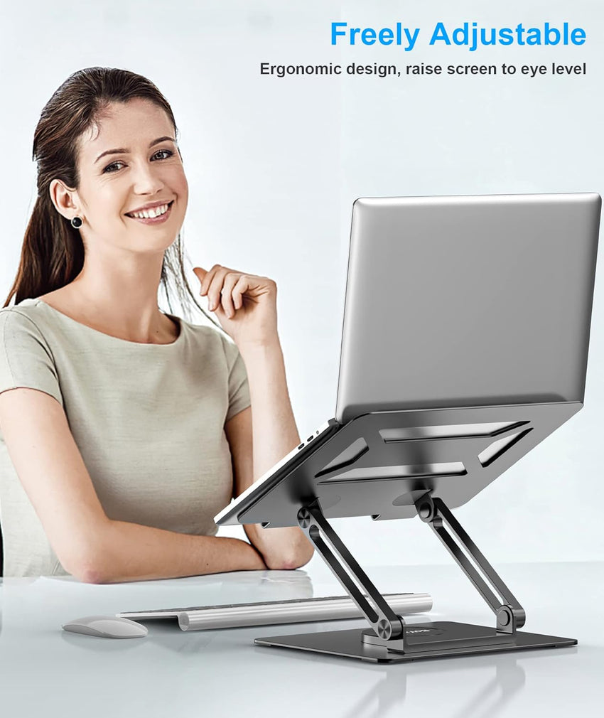 BoYata Laptop Stand for Desk, Adjustable Computer Stand with 360^0 Rotating Base, Ergonomic Foldable Laptop Riser Holder Compatible with All MacBook Pro/Air, Notebook up to 17"-Black