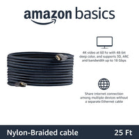 Amazon Basics HDMI to HDMI Cable, 18Gbps High-Speed, 4K@60Hz, 2160p, Nylon-Braided Cord, Ethernet Ready, 7.6 m, Nylon, Black