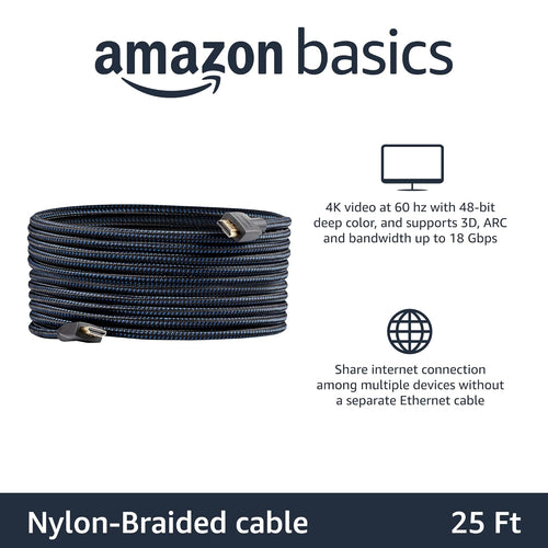 Amazon Basics HDMI to HDMI Cable, 18Gbps High-Speed, 4K@60Hz, 2160p, Nylon-Braided Cord, Ethernet Ready, 7.6 m, Nylon, Black