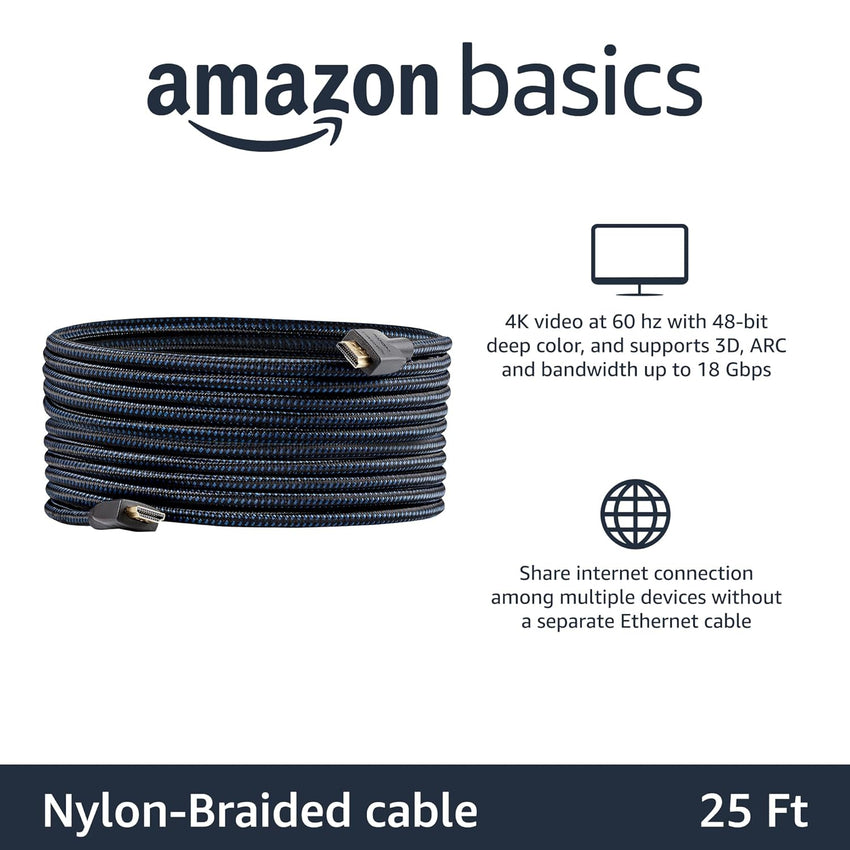 Amazon Basics HDMI to HDMI Cable, 18Gbps High-Speed, 4K@60Hz, 2160p, Nylon-Braided Cord, Ethernet Ready, 7.6 m, Nylon, Black