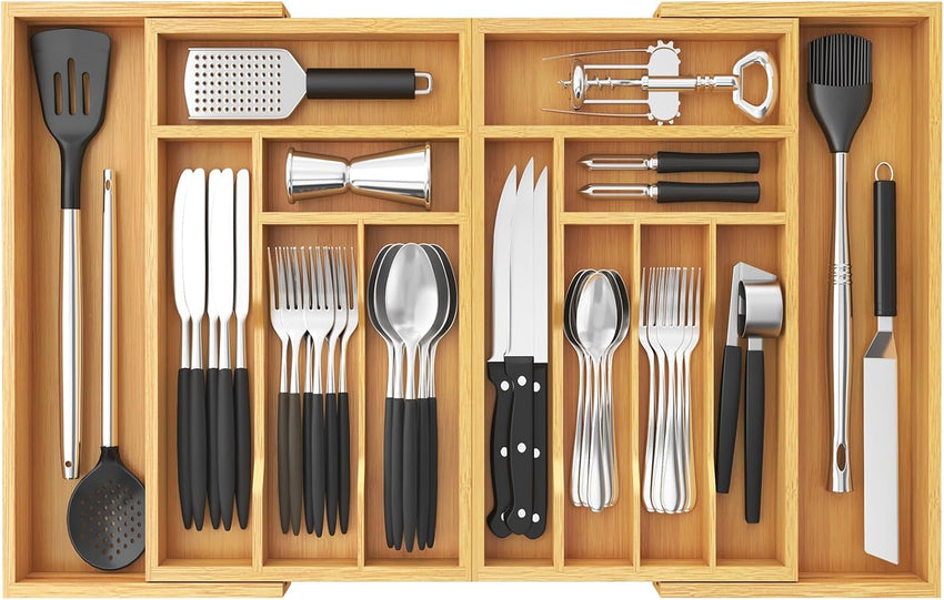 Lifewit Bamboo Extra Large Cutlery Drawer Organiser, Expandable to 36 Inches Cutlery Tray for Kitchen, Adjustable Silverware and Flatware Holder, Plastic Utensil Storage for Spoons Forks Knives