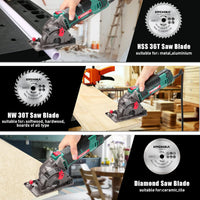 HYCHIKA Mini Circular Saw, with 3pcs Blades (85mm), Scale Ruler, 500W Pure Copper Motor, 4500RPM Ideal for Wood, Soft Metal, Tile and Plastic Cuts