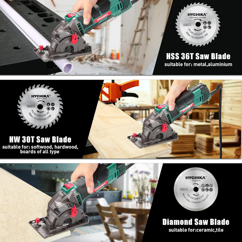HYCHIKA Mini Circular Saw, with 3pcs Blades (85mm), Scale Ruler, 500W Pure Copper Motor, 4500RPM Ideal for Wood, Soft Metal, Tile and Plastic Cuts