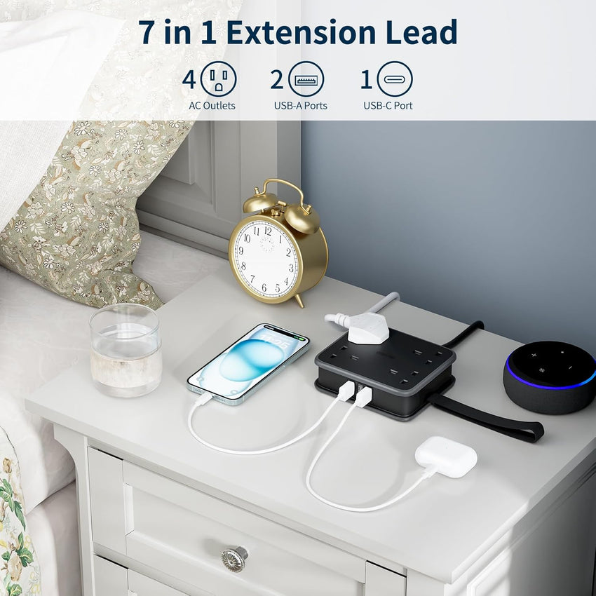 NTONPOWER 4 Way Extension Lead with USB Slots 3250W 13A 1.6M for Home | 4 Way Extension Lead,3 USB-A Ports,Wall Mounted ,Multi Plug