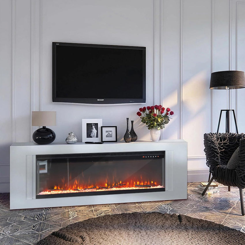 INMOZATA Electric Fire 60inch/152cm 3-Side Glass Display Media Wall Fire Recessed/Freestanding Electric Fireplace with 9 Colors Realistic LED Flame Effect Touch Remote Control & Overheat Protection