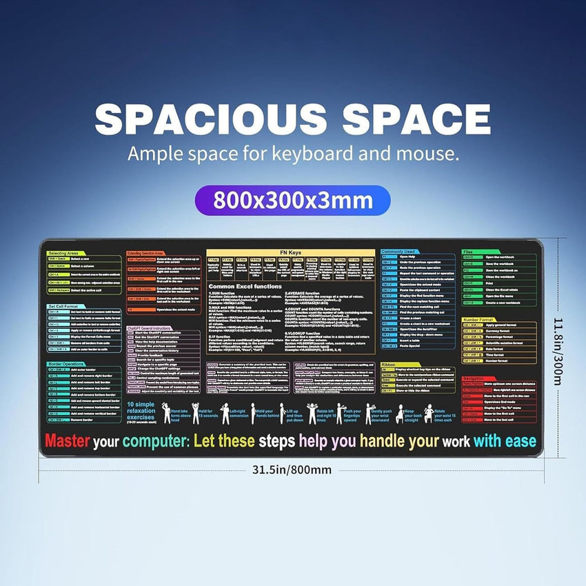Keyboard Shortcut Mat - Black Oversize Desk Mouse Pad 40x90 Cm, Non-Slip, Dirt Resistant Computer Mat | Smooth Accessory Shortcut Guide for Coding Study Office Room Home Setup