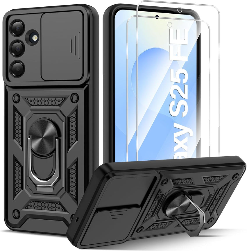 Phone Case for Samsung Galaxy S25 FE 5G Case with Ring Kickstand NO Screen Protector, Slide Camera Full Body Protective Shockproof Silicone Tough Hard Armour S25 FE Cover