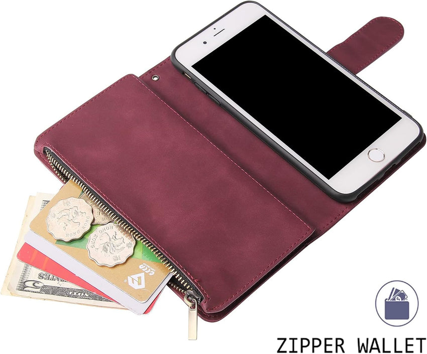 QLTYPRI Case for iPhone 7/8/SE 2020/SE 2022 5G, Large Capacity Leather Wallet Case 6 Card Holder & 1 Zipper Pocket Kickstand Wrist Strap Magnetic Case for iPhone SE 2022/SE 2020/8/7 - Red