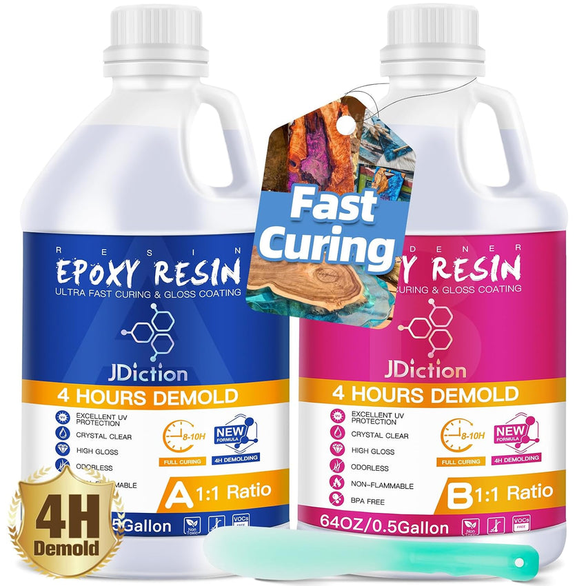 JDiction Fast Curing Epoxy Resin, 4 Hours Demold Upgrade Formula, 1gallon / 3.8L Fast Curing and Bubble Free Epoxy Resin, Crystal Clear Epoxy Resin Kit Self Leveling for Art, Craft, Jewelry Making