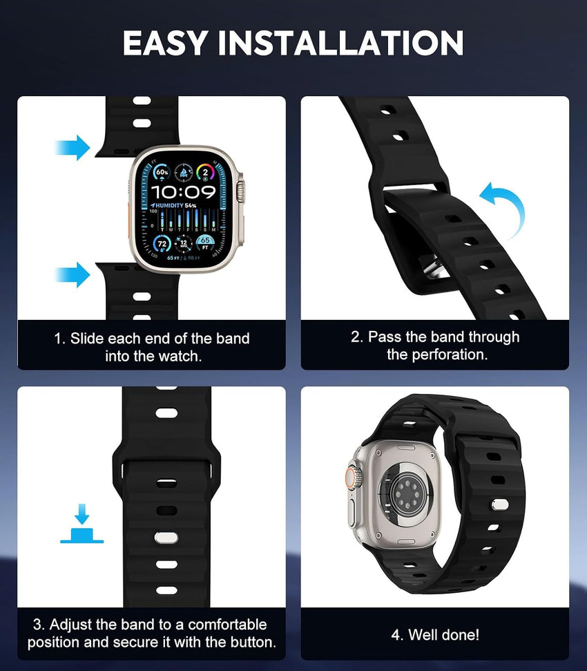 MoKo Ocean Band Compatible with Apple Watch Ultra 3/2/1 49mm,S11/S10 46mm,9/8/7 45mm,SE3/SE2/SE/6/5/4 44mm,3/2/1 42mm,Silicone Replacement Strap Wrist Band for Men Women, Black
