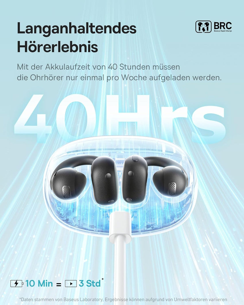 Baseus MC1 Open Earphones, Bluetooth Earbuds with Clip & 40H Battery Life, HiFi Bass Ai Sound Quality, Comfortable and Lightweight (5 g), Clip with IP57 Protection from Dust and Water