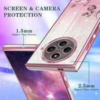 Glitter Case for Xiaomi Redmi 14C 4G, Ultra Thin Glitter Bling Women/Girls Shockproof Mobile Phone Case with Shiny Diamond Flowers Ring Stand Protective Case Pink