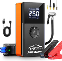8000A Car Jump Starter with 180PSI Air Compressor 12V Smart Clamps LED Flashlight Portable Battery Booster Orange