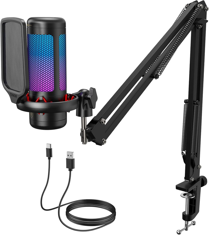 TONOR Gaming USB Microphone with RGB Modes & Boom Arm Black