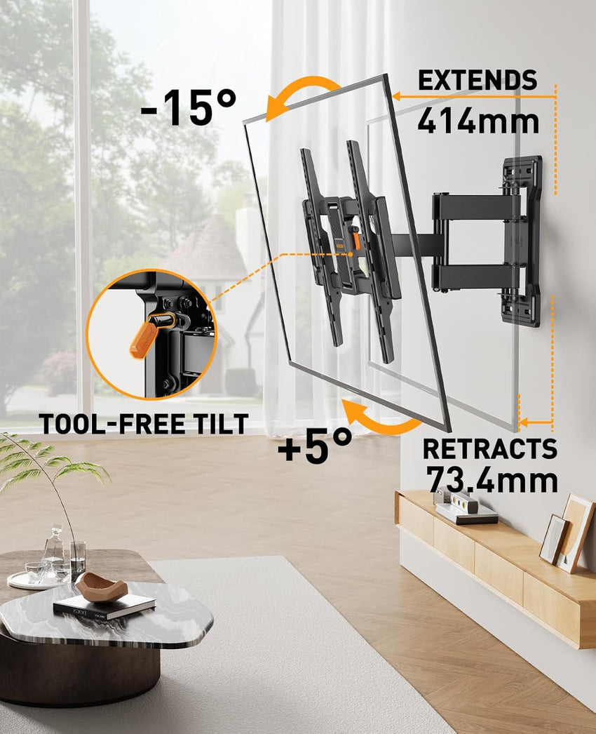 Perlegear TV Wall Bracket for 42-86 Inch Flat/Curved TVs up to 60 kg, Tilt and Swivel Wall Brackets with Dual Arms, Full Motion TV Wall Mount Max VESA 600x400mm, PGLF12