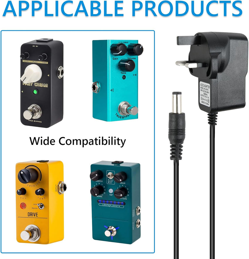 Guitar Pedal Power Supply, 9V DC 1A 6.6ft Guitar Effects Power Adapter, Center Tip Negative Sleeve Positive, Noise Reduction