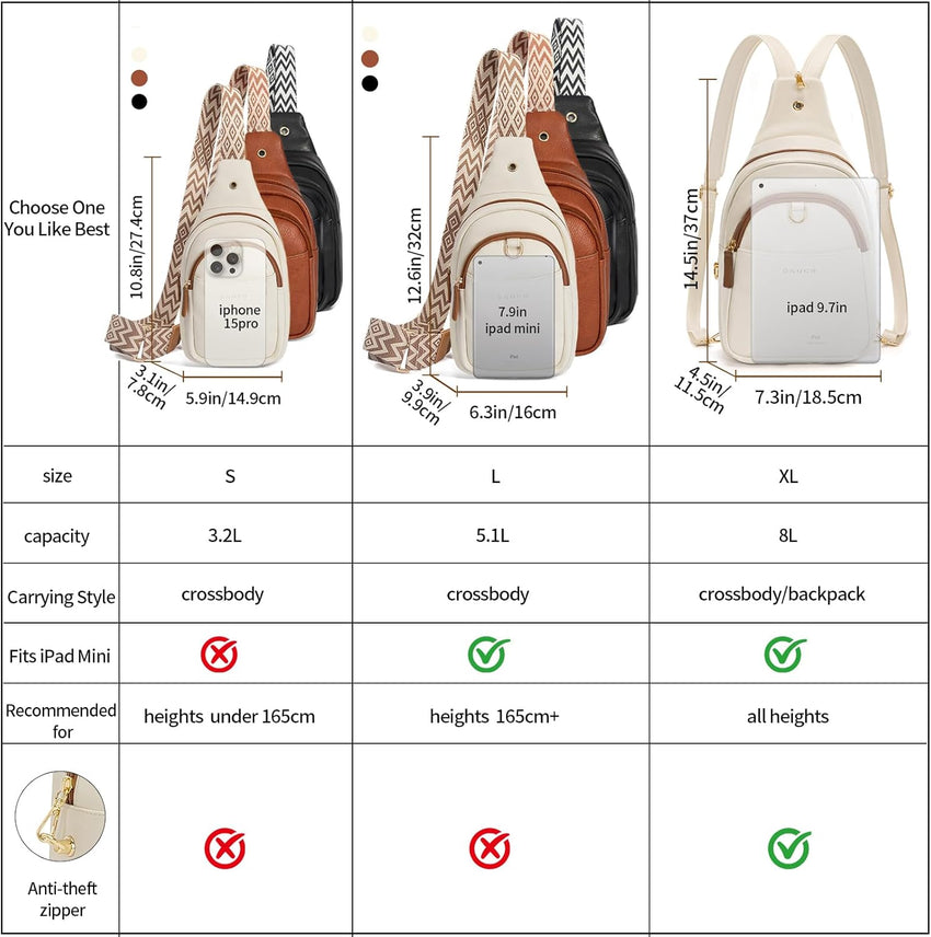 OSOCE Crossbody Bag for Women PU Sling Belt Bag Small Shoulder Chest Bag Purses with Adjustable Guitar Strap Phone Cable Hole Fanny Pack Cross Body Bags with for Ladies Travel Shopping.
