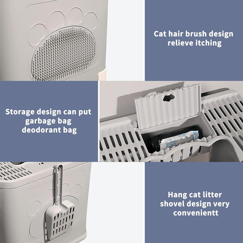 Foldable Cat Litter Box with Lid & Top Exit, Storage Drawer & Fur Brush, Easy Clean, Large Capacity (Grey)