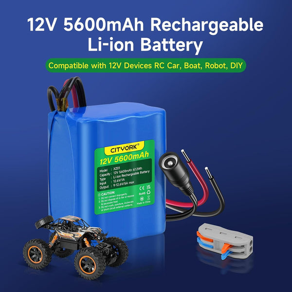 CITYORK 12V DC 5600mAh Rechargeable Lithium Ion Portable Battery Pack for CCTV cameras, camcorders, MP3 players, LED strip lights