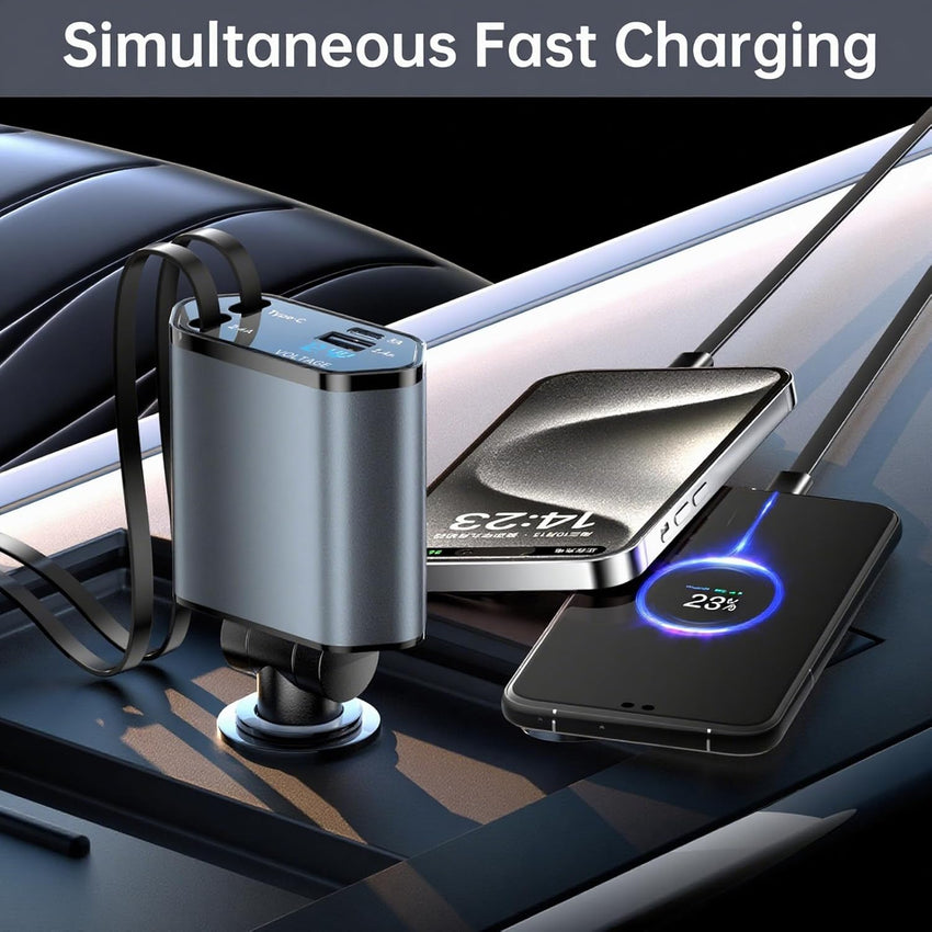Retractable Car Charger Adapter 4 in 1 Phone Charger Fast Charge with 2 Retractable Cables With USB/USB-C Ports Compatible with iPhone, Android, Samsung Galaxy