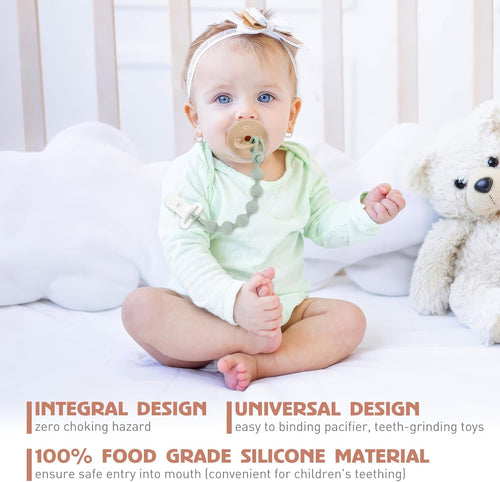 Silicone Pacifier Clip One-Piece Wooden Soother Design Fits Most Pacifiers â Sand & Light Grey