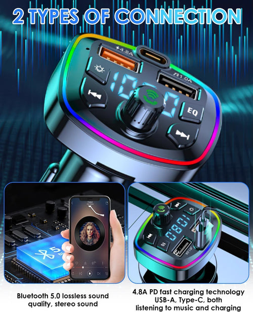 Bluetooth Fm Transmitter Car Adapter Wireless Blue Tooth 5.0 Car Radio Music Calling Adaptor with 2 Usb Ports 1 Type C Port Bass Lossless stereo Sound Fast Charger 5v/4.8a 1a Support Tf Card & Disk
