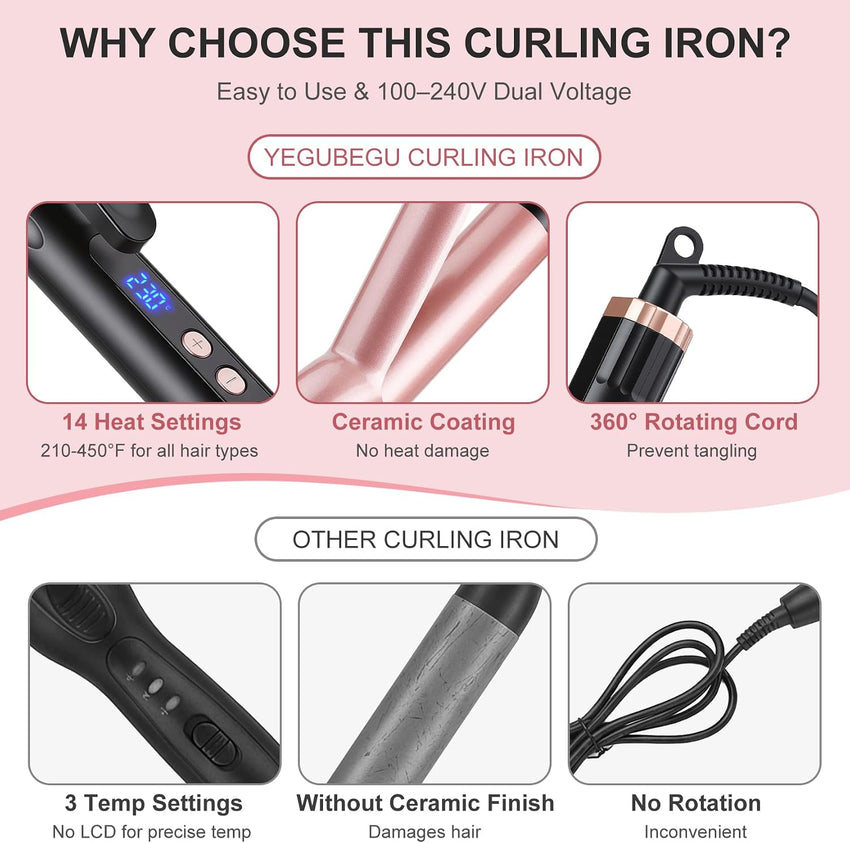 Large 38mm Barrel Curling Tong Ceramic 14 Temp Settings Dual Voltage Hair Curler Wand 38mm