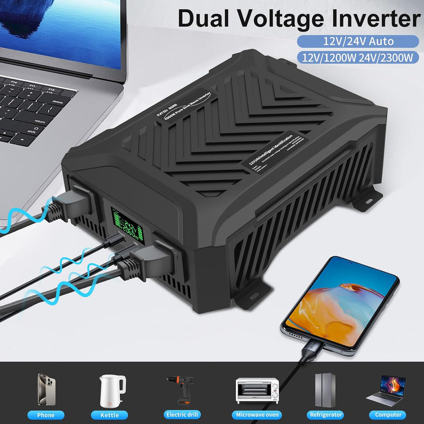 Pure Sine Wave Inverter 12/24V to 240V 1200W/2300W Rated Peak 2000W/4000W 2 UK Sockets USB LCD â 12/24V