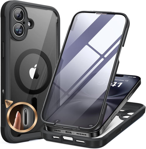 Miracase Magnetic Case for iPhone 16 Plus Case 6.7", [Upgraded Camera Control Cover],[Bubble Free] Built-in Tempered Glass Screen Protector, Full Body Bumper Case Compatible with Magsafe (Black)