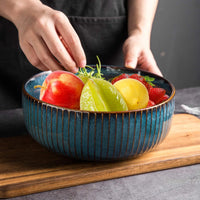 Large Salad Bowl, 1800ml Large Bowl Porcelain Fruit Serving Bowls, Stylish Blue Bowl Handmade Round Soup Bowl,Bowl for Soup,Salad,Cereal,Ramen(21cm/63oz)