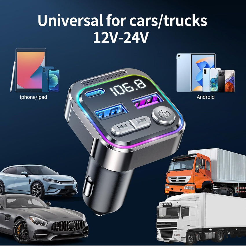 GizmoVine Bluetooth Car Adapter, Radio Receiver Audio FM Transmitter, Wireless Hands Free Phone Digital Kit, USB C QC PD 36W Fast Charger for 12V/24V Cigarette Lighter, U Disk MP3 Music Player Device