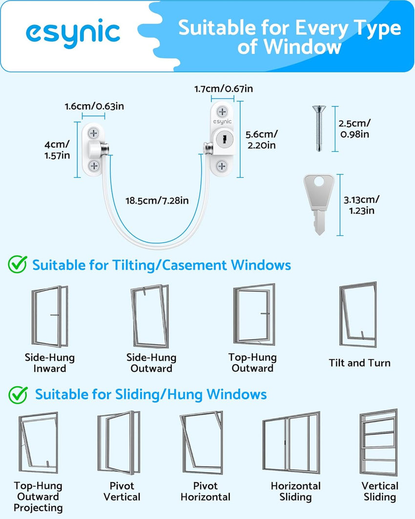 eSynic UPVC Window Restrictors 10pack Window Restrictor for Cat Child Safety Window Lock with Self Screws Keys Limiting Opened Distance and Ventilation for PVC, Wood, or Aluminum Window