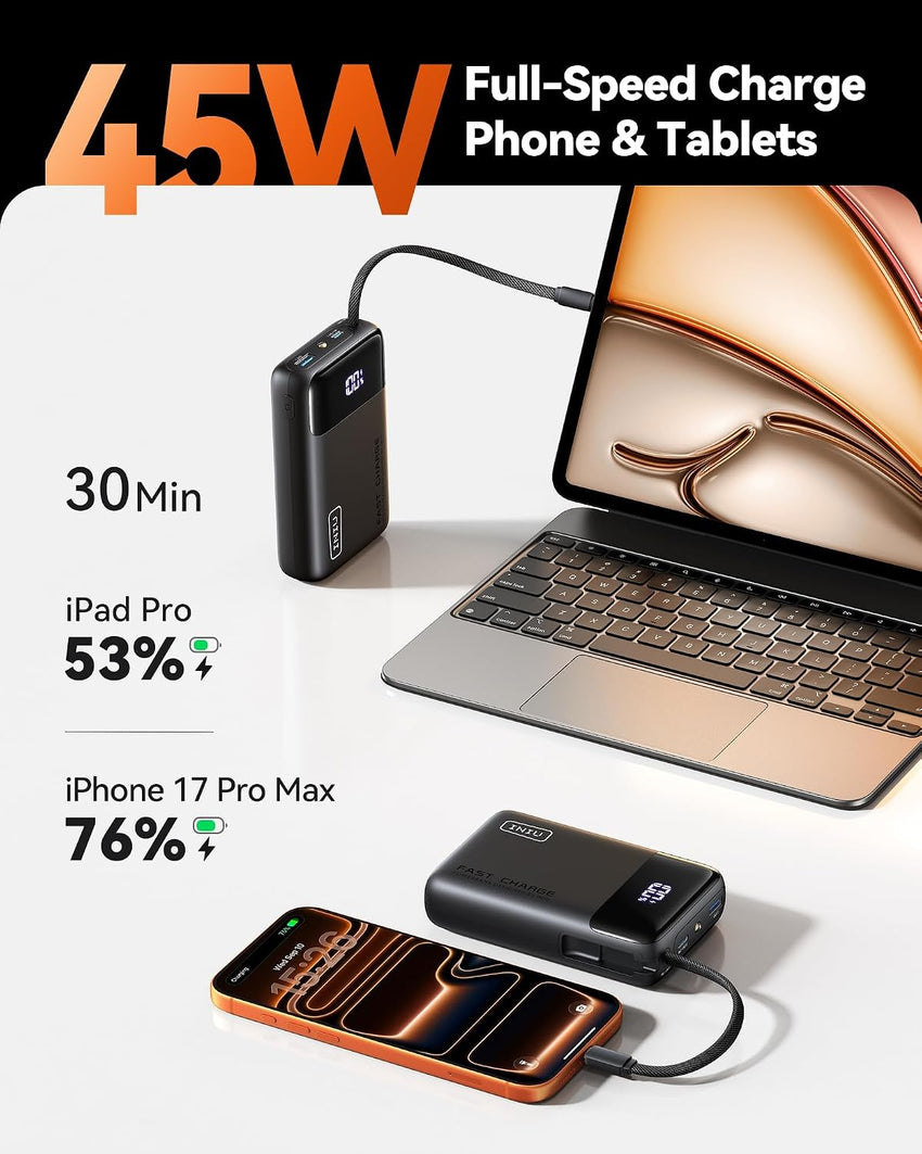 INIU Portable Charger, Smallest 20000mAh Power Bank with Build in USB-C Cable, 22,5W PD Fast Charging USB C in&Out Battery Pack, External Phone Charger for iPhone 16 15 14 Samsung S25 S24 Google etc